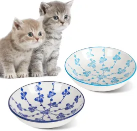 HAPPY KIT 2pcs Ceramic Cat Food Bowls Set,8.5oz Colorful Cats Dish/Dishes lndoor for Relief Whisker Friendly,5.7inch Wide Shallow Plate with Non-Slip Mat, 2 Petals