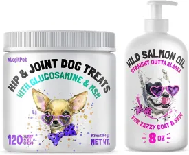 Hemp Hip & Joint Supplement for Dogs 120 Soft Chews and Wild Alaskan Salmon Oil for Dogs & Cats 8 oz Bundle - Supports Joint Function, Immune & Heart Health - Natural Pain Relief and Mobility