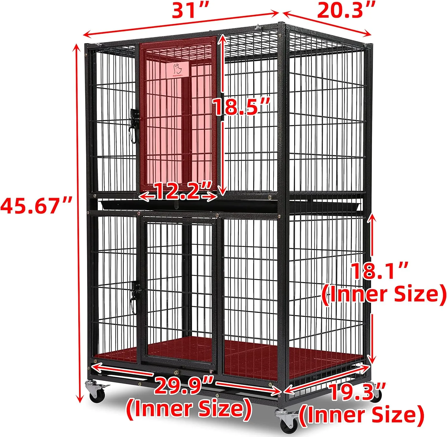 Homey Pet 31 Inch Stackable Heavy Duty Dog Crate Cage Kennel with Four Lockable Wheels, Removable Tray, Escape Proof Wire Drop Dog Crates for Small Dogs (Two Tiers)