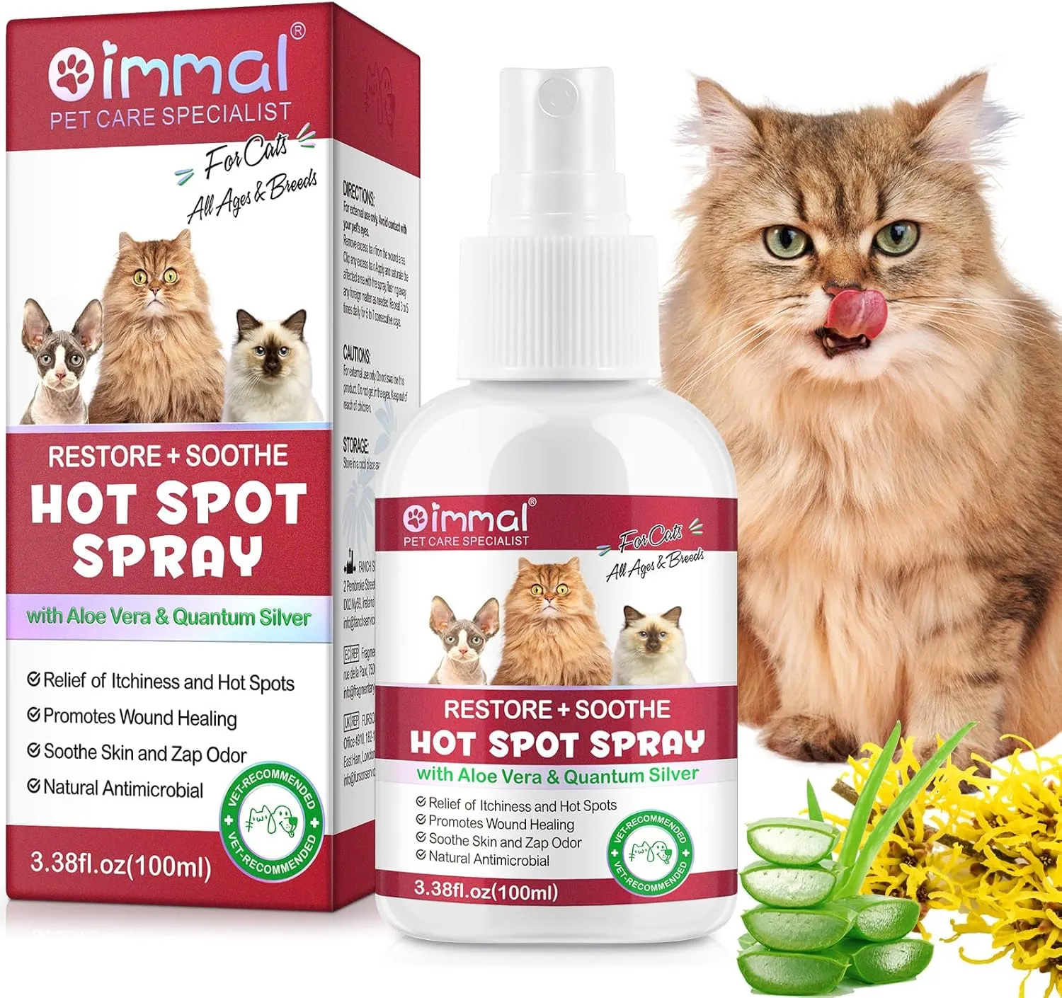 Hot Spot Spray Treatment for Cats, Upgraded Hot Spot & Itch Relief Skin Spray for Cat, Instant Irritated Dry Itchy Skin, Allergies, and Dermatitis, Scratching and Licking, Reduces Topical Inflammation
