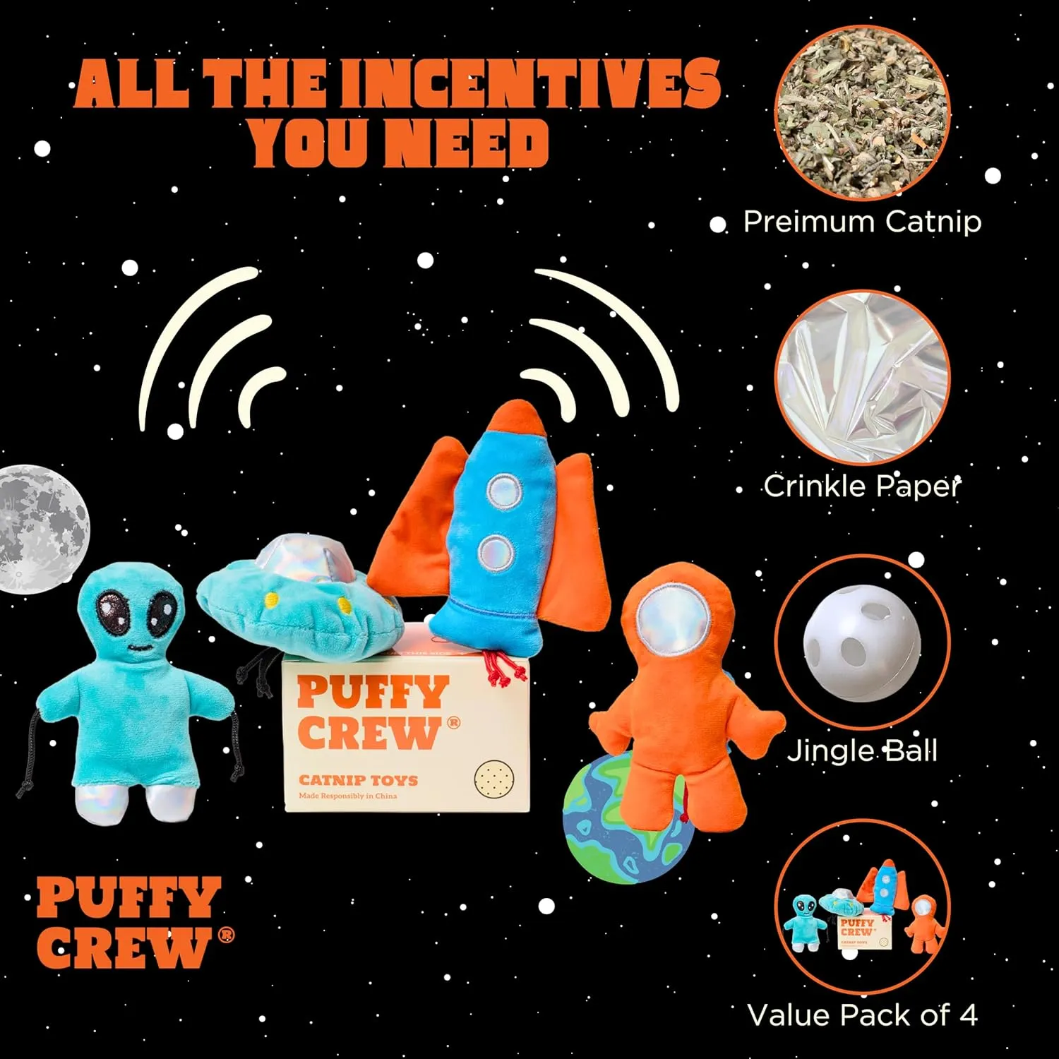 Interactive Catnip Cat Plush Toy, Space Travel Theme, 5, for All Breed Size Cats (4 in 1)