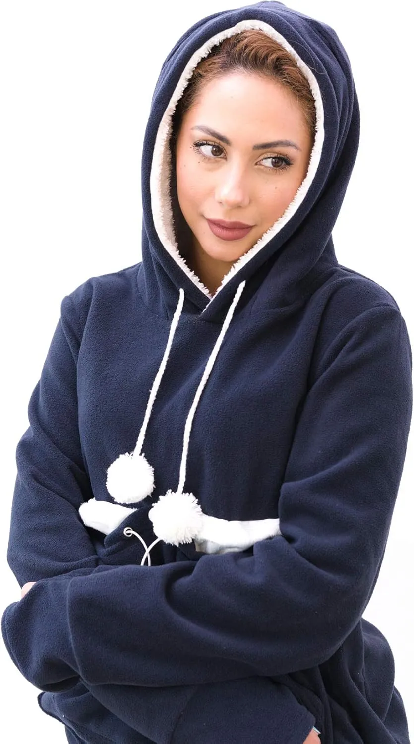 KangaKitty Cat Pouch Hoodie with Ears | Wearable Small Dog & Cat Carrier | Women's Pullover Sweatshirt (Large) Blue
