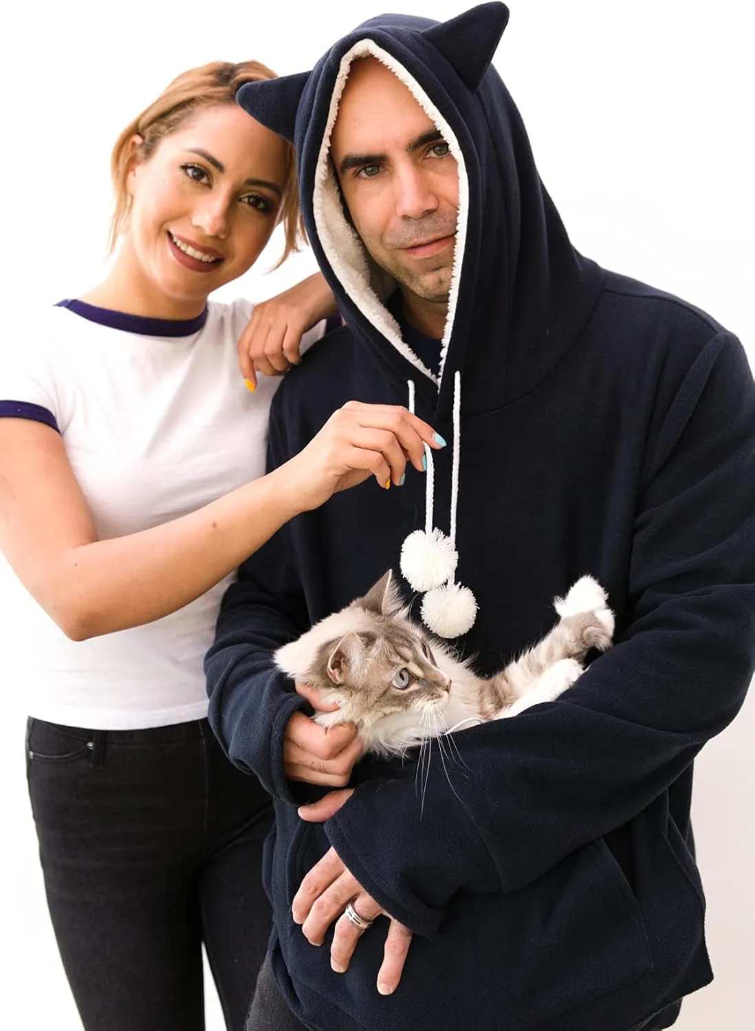 KangaKitty Cat Pouch Hoodie with Ears | Wearable Small Dog & Cat Carrier | Women's Pullover Sweatshirt (Large) Blue