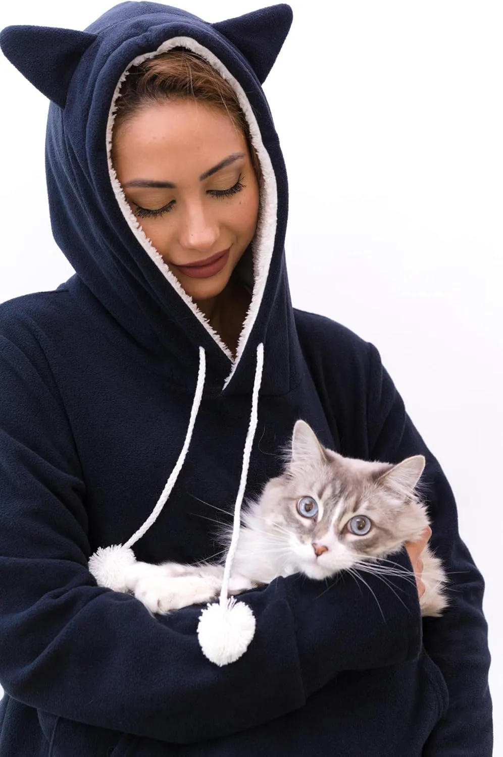 KangaKitty Cat Pouch Hoodie with Ears | Wearable Small Dog & Cat Carrier | Women's Pullover Sweatshirt (Large) Blue