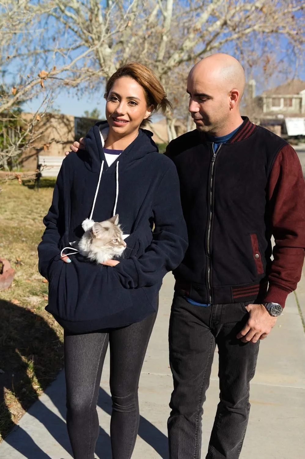 KangaKitty Cat Pouch Hoodie with Ears | Wearable Small Dog & Cat Carrier | Women's Pullover Sweatshirt (Large) Blue