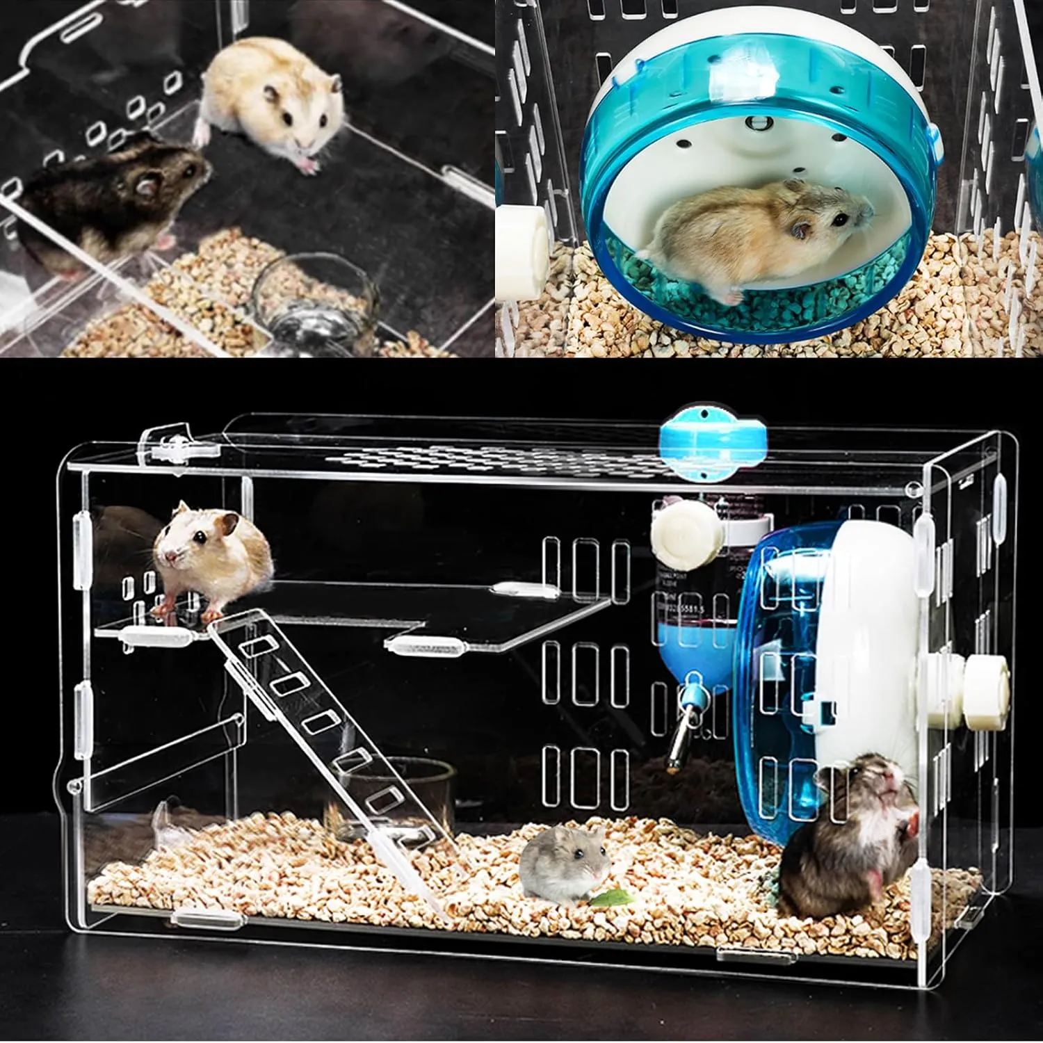 kathson Dwarf Hamster Cage Transparent Hamsters Cages and Habitats Gerbils Acrylic Cage Cute Mini Pet Habitat with Accessories Exercise Wheel Water Bottle Food Bowl for Small Animal Blue