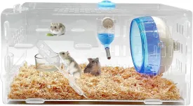 kathson Dwarf Hamster Cage Transparent Hamsters Cages and Habitats Gerbils Acrylic Cage Cute Mini Pet Habitat with Accessories Exercise Wheel Water Bottle Food Bowl for Small Animal Blue