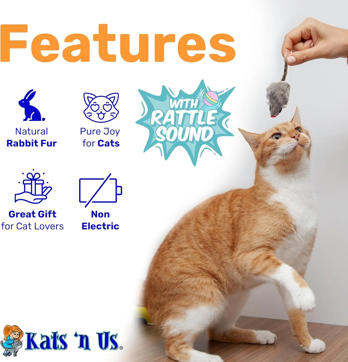 Kats'N Us Real Rabbit Fur Mouse Cat Toy - 10 Pak Rattle Sound