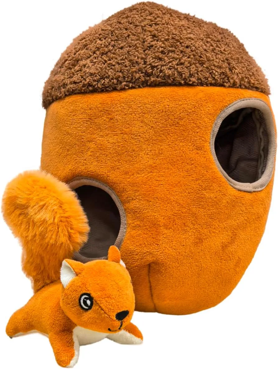 Laifug Hidden Squirrel Nut House Plush Dog Toy, 3 in 1 Squirrel, Interactive Squeak Dog Toy Playing Hide and Seek, Suitable for Dogs of All Stages (Brown, L)