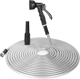 Lightweight Metal Garden Hose, 25FT Stainless Steel 304 Water Hose with 2 Free Nozzles, Ultra Flexible and Tangle Free
