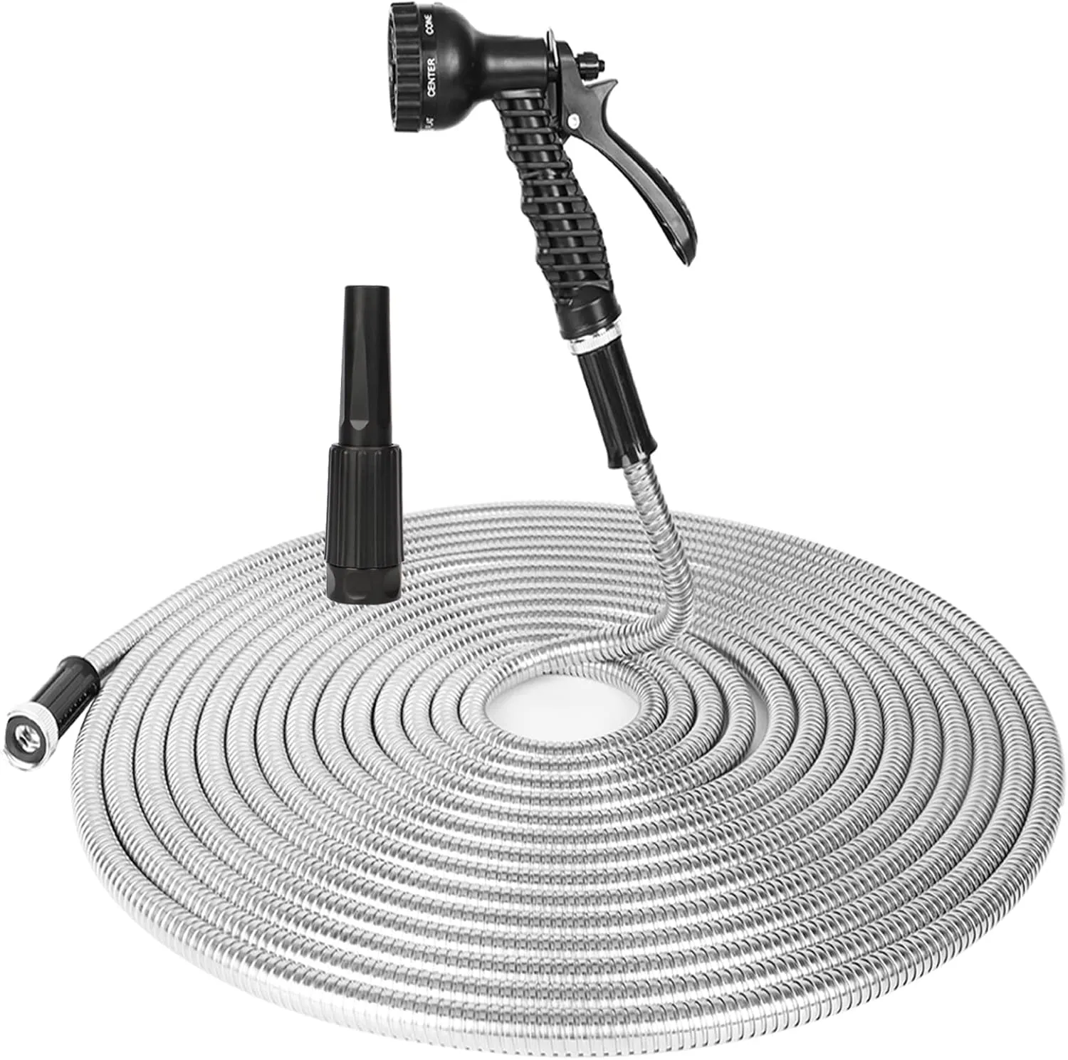 Lightweight Metal Garden Hose, 25FT Stainless Steel 304 Water Hose with 2 Free Nozzles, Ultra Flexible and Tangle Free