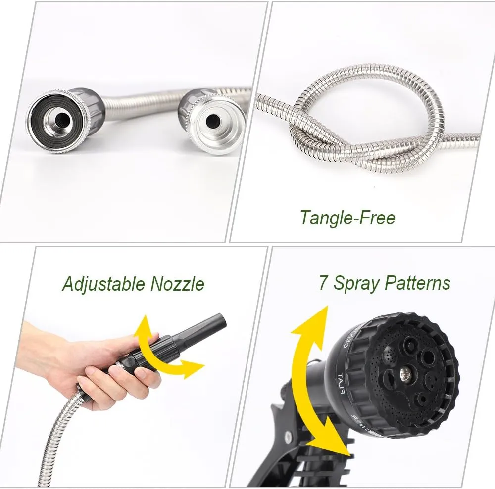 Lightweight Metal Garden Hose, 25FT Stainless Steel 304 Water Hose with 2 Free Nozzles, Ultra Flexible and Tangle Free