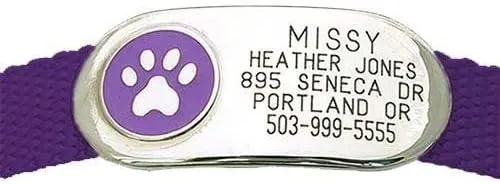 LuckyPet Paw Jewelry Collar Tag for Dogs and Cats, Custom Engraved, Durable, Quiet and Chew Proof, Attaches Flat to Any Collar, Large-Purple-Paw