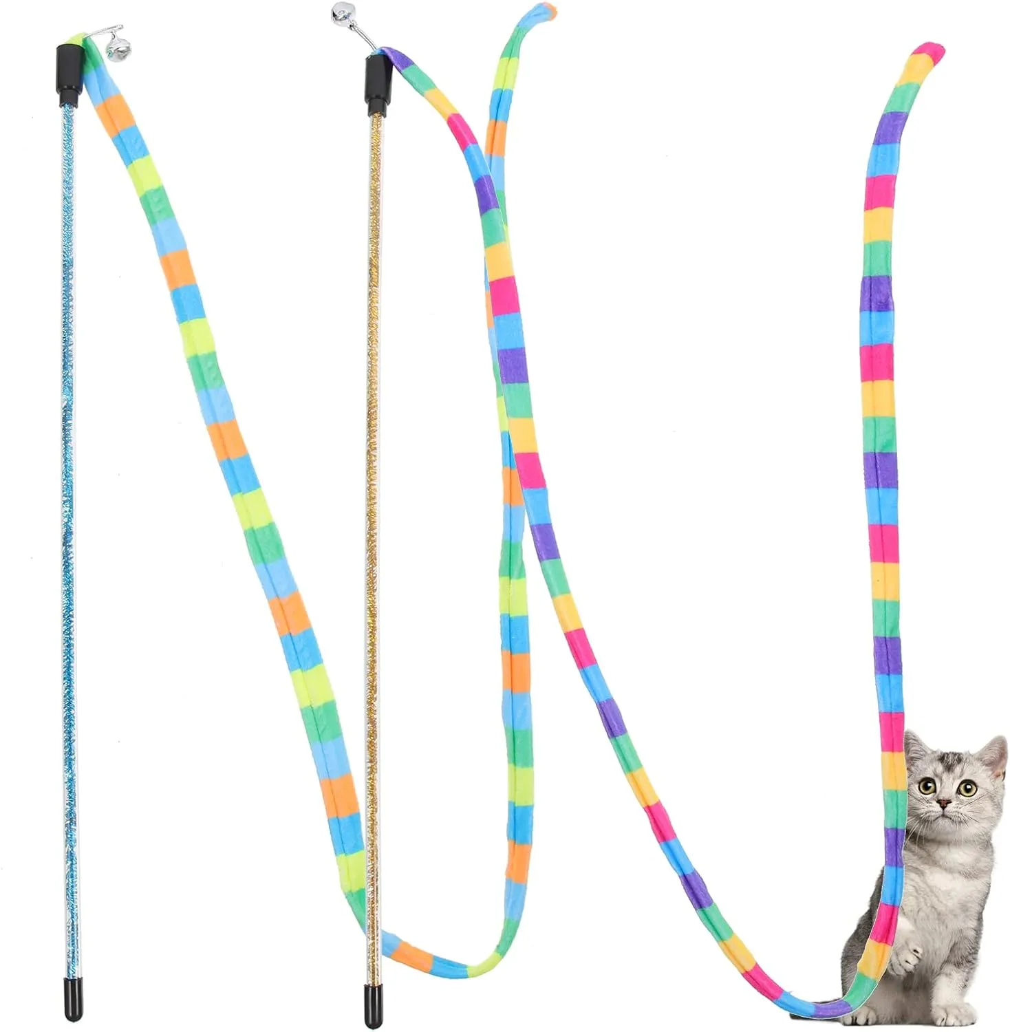 LUOZZY 2Pcs Cat Teasing Wand Indoor Interactive Cat String Stick Colorful Cat Teaser Wand String Toy Cat Fishing Pole Toy for Kitten Cat, Random Color