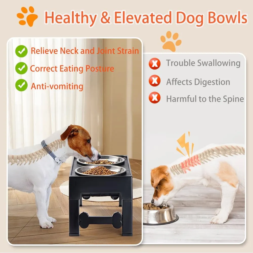 Marchul Elevated Dog Bowls for Medium Large Dogs, 4 Height Adjustable Dog Bowl Stand 3.5''/ 9.05''/ 10.62''/ 12.2'', with 1 Slow 1*Feeder Dogs Bowl & 2 * 40.5oz
