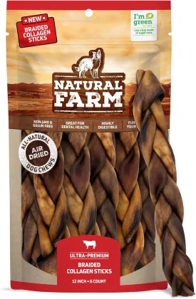 Natural Farm Braided Collagen Chews for Dogs (12 Inch, 6 Pack), Collagen Sticks, Natural Dog Chews, Long Lasting, for Small, Medium and Large Dogs, Odor-Free, Rawhide Alternative