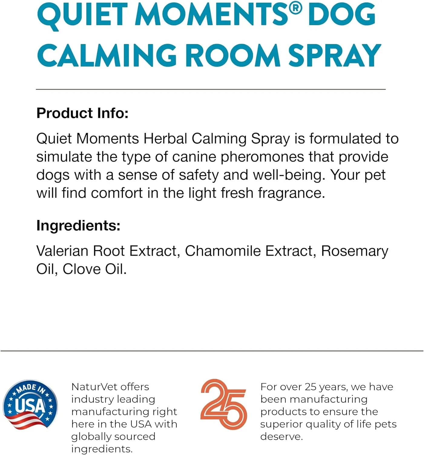 NaturVet Quiet Moments Herbal Calming Room Spray Dog Supplement  Ideal for Cars, Dog Crates, New Environments  Helps Reduce Pet Stress, Storm Anxiety, Motion Sickness  8 Oz.