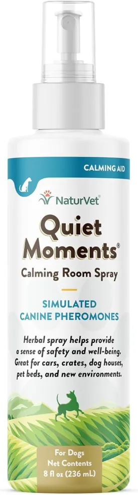 NaturVet Quiet Moments Herbal Calming Room Spray Dog Supplement  Ideal for Cars, Dog Crates, New Environments  Helps Reduce Pet Stress, Storm Anxiety, Motion Sickness  8 Oz.