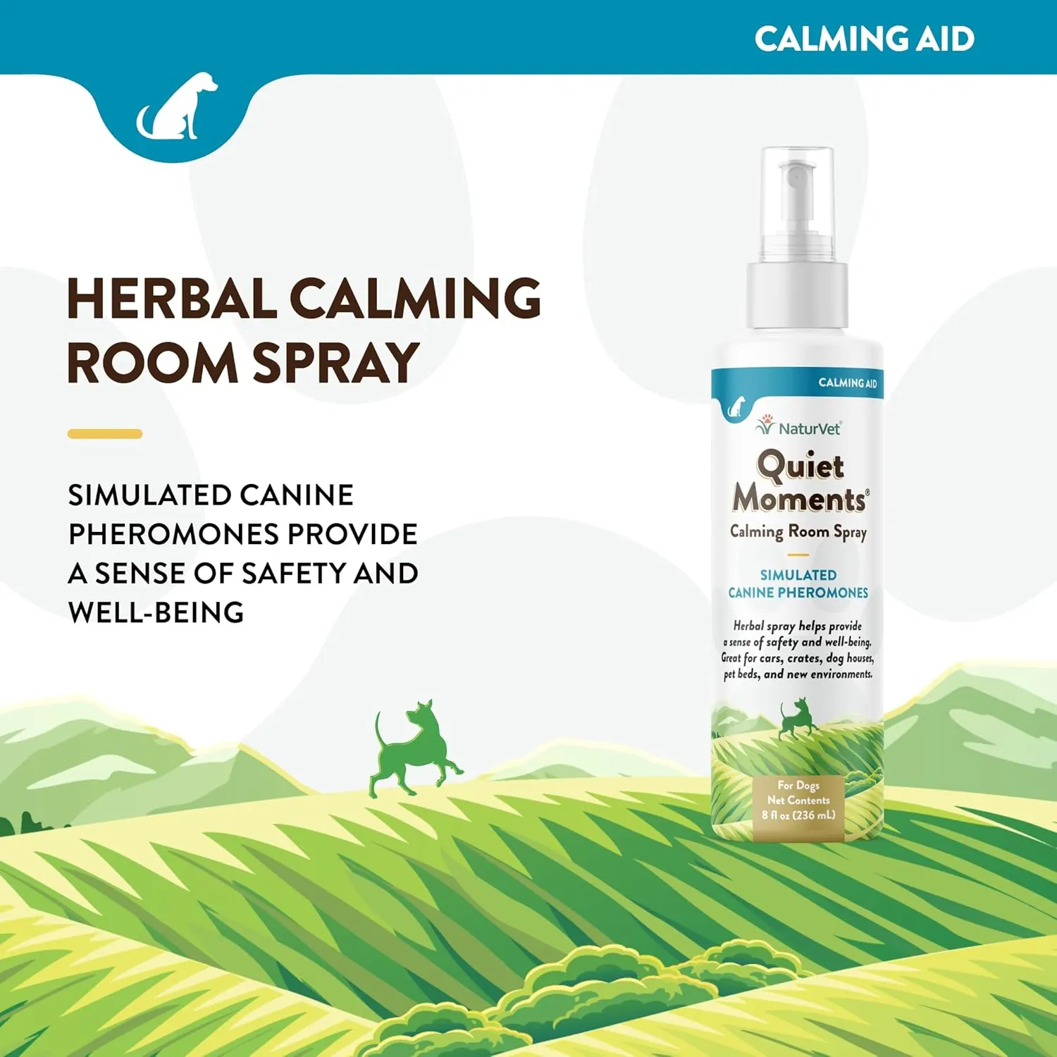 NaturVet Quiet Moments Herbal Calming Room Spray Dog Supplement  Ideal for Cars, Dog Crates, New Environments  Helps Reduce Pet Stress, Storm Anxiety, Motion Sickness  8 Oz.