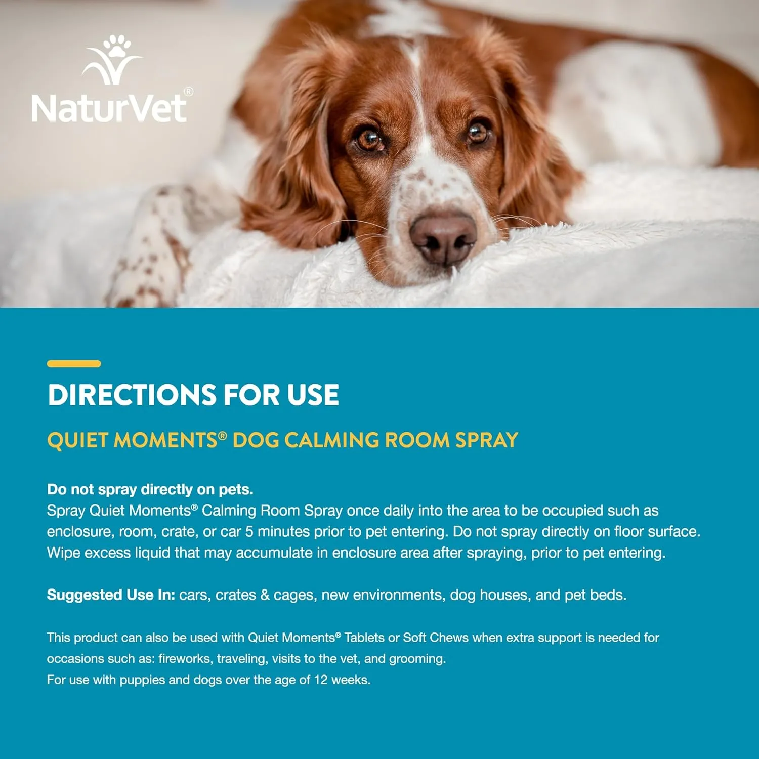 NaturVet Quiet Moments Herbal Calming Room Spray Dog Supplement  Ideal for Cars, Dog Crates, New Environments  Helps Reduce Pet Stress, Storm Anxiety, Motion Sickness  8 Oz.