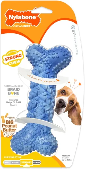 Nylabone Braid Bone Strong Chew Toy for Dogs, Natural Rubber Dog Toy for Moderate & Aggressive Chewers, Peanut Butter Flavor, Medium Dogs - Up to 35 lbs, 1 Count