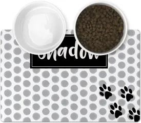Personalized Pet Mat - Waterproof & Non-Slip Pet Food Mat with Edges - Cats & Dogs Feeding Mats - Petfood, Water & Dish Bowls Pad - Gifts for Dog & Cat Owner (10x16, Grey Polka Dot)