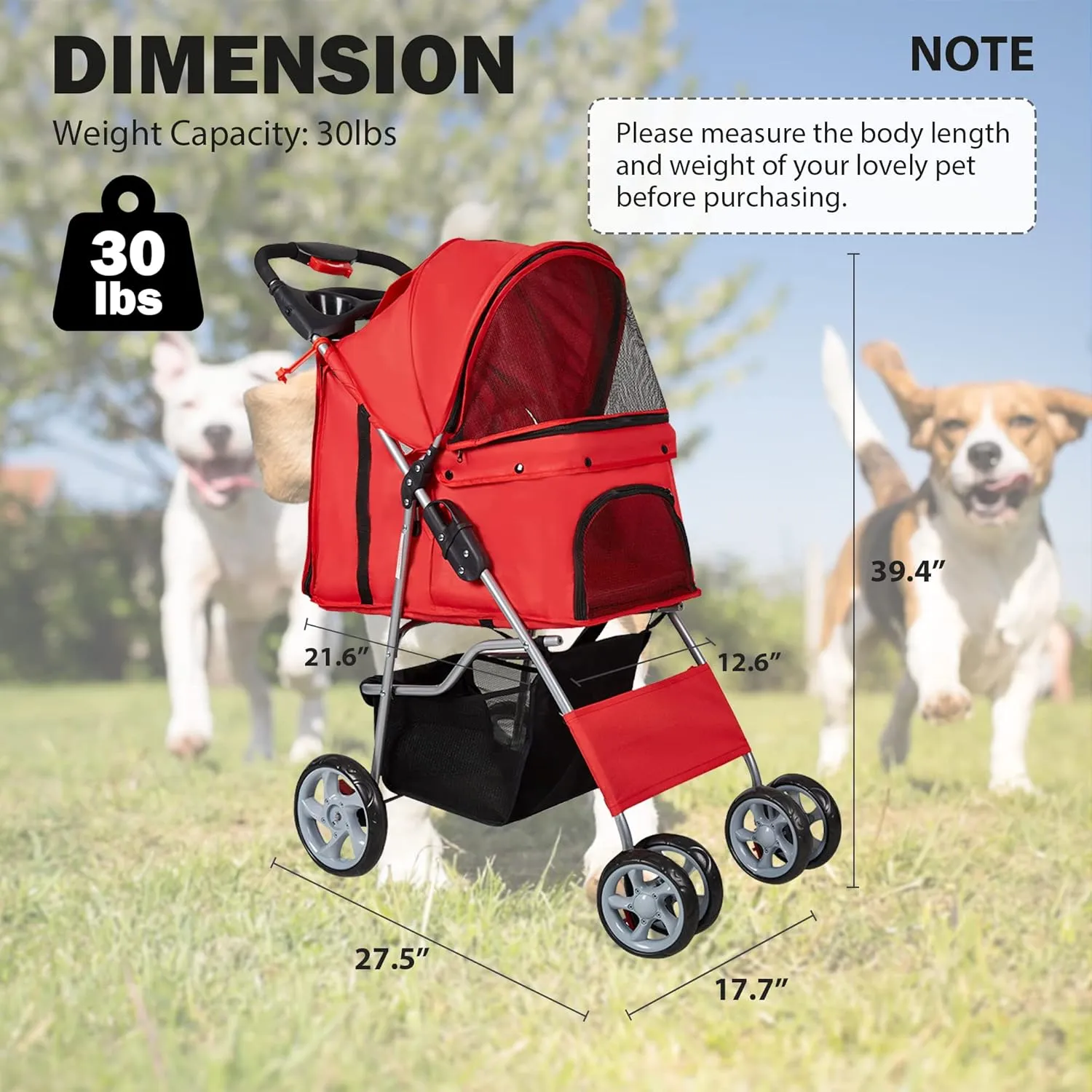 Pet Stroller, 4 Wheels Foldable Dog Stroller with Storage Basket and Cup Holder, Dog Carriage for Medium Small Dogs Cats Jogging Travel Carrier Cart, Red