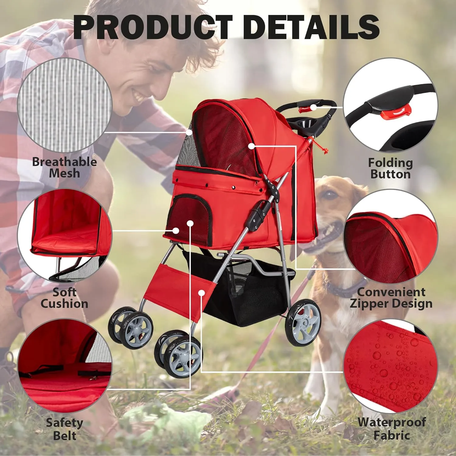 Pet Stroller, 4 Wheels Foldable Dog Stroller with Storage Basket and Cup Holder, Dog Carriage for Medium Small Dogs Cats Jogging Travel Carrier Cart, Red
