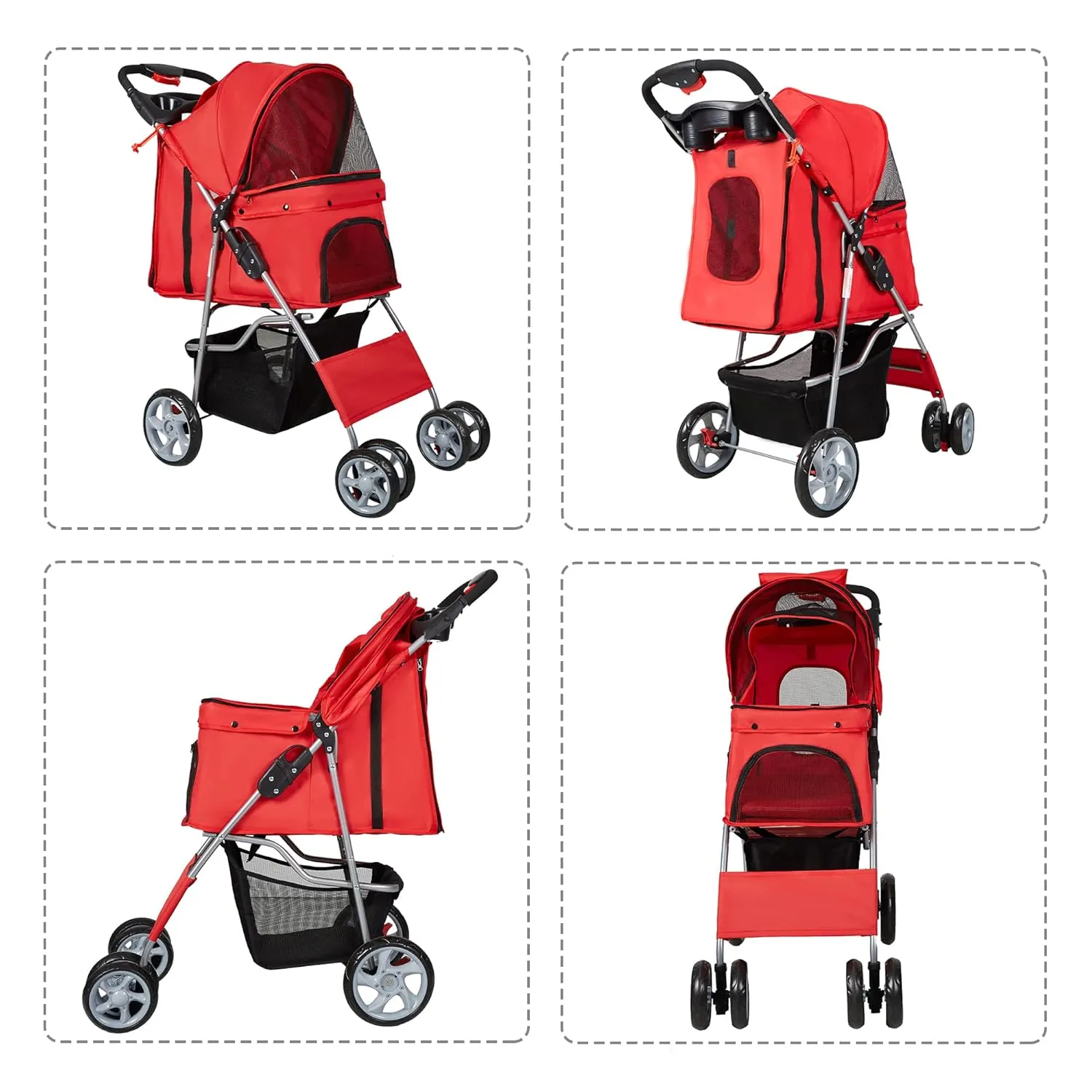 Pet Stroller, 4 Wheels Foldable Dog Stroller with Storage Basket and Cup Holder, Dog Carriage for Medium Small Dogs Cats Jogging Travel Carrier Cart, Red