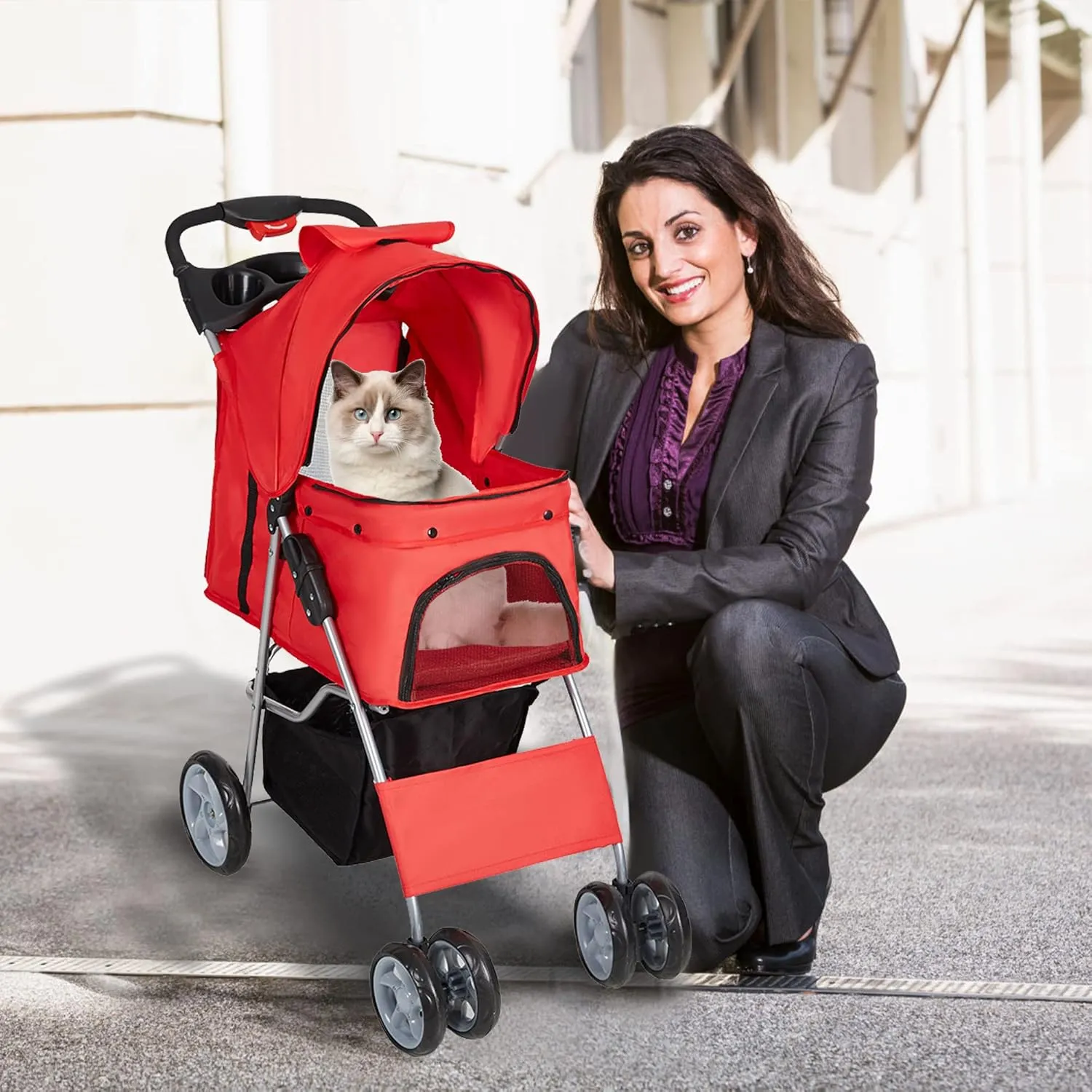 Pet Stroller, 4 Wheels Foldable Dog Stroller with Storage Basket and Cup Holder, Dog Carriage for Medium Small Dogs Cats Jogging Travel Carrier Cart, Red