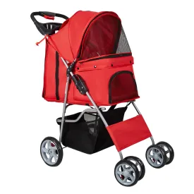 Pet Stroller, 4 Wheels Foldable Dog Stroller with Storage Basket and Cup Holder, Dog Carriage for Medium Small Dogs Cats Jogging Travel Carrier Cart, Red