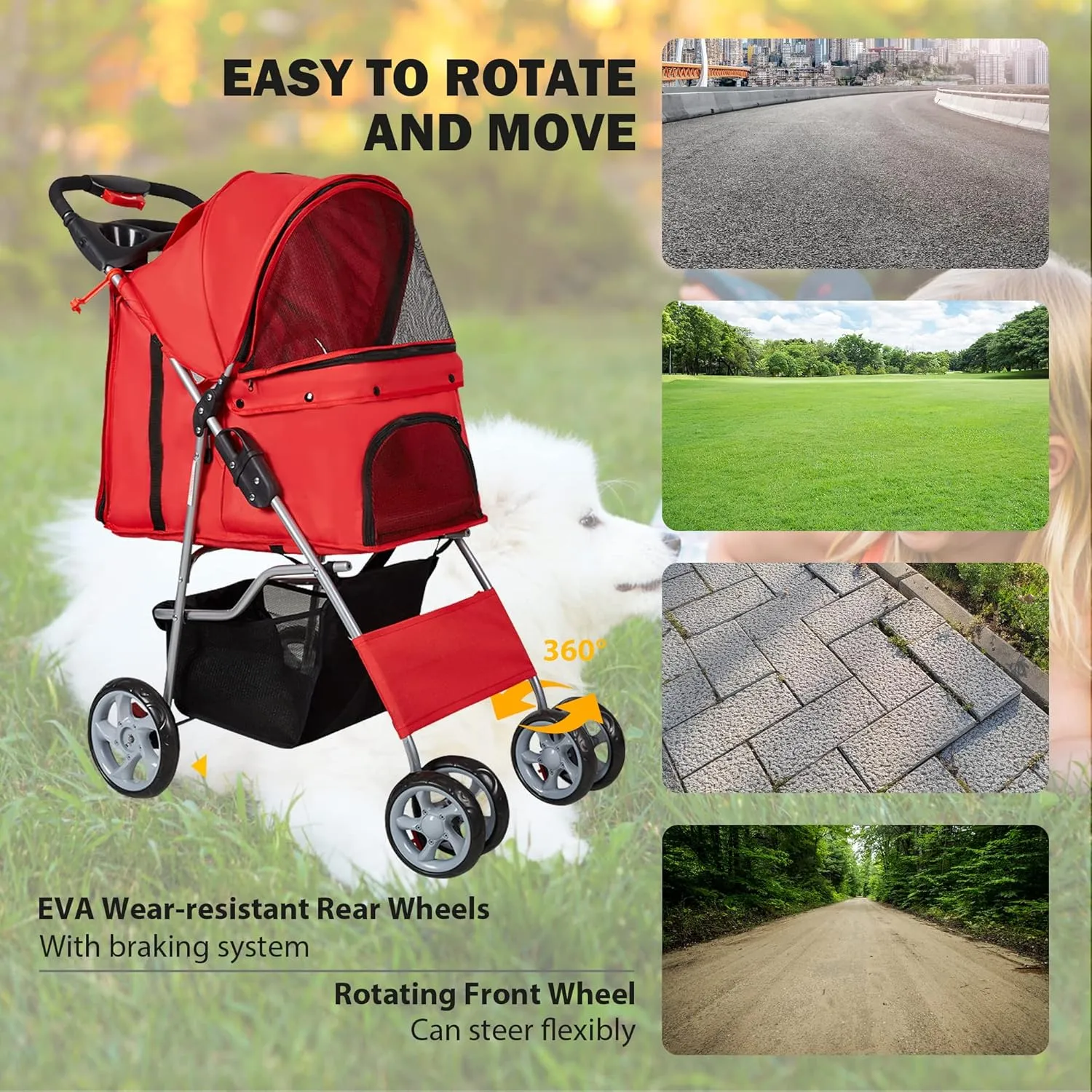 Pet Stroller, 4 Wheels Foldable Dog Stroller with Storage Basket and Cup Holder, Dog Carriage for Medium Small Dogs Cats Jogging Travel Carrier Cart, Red