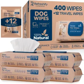 Pet Wipes for Dogs and Cats Plant Based  Unscented (Pack of 400) Dog Wipes for Paws and Butt - Deodorizing Non Toxic Dog Wipes,  12 Additional Travel Wipes