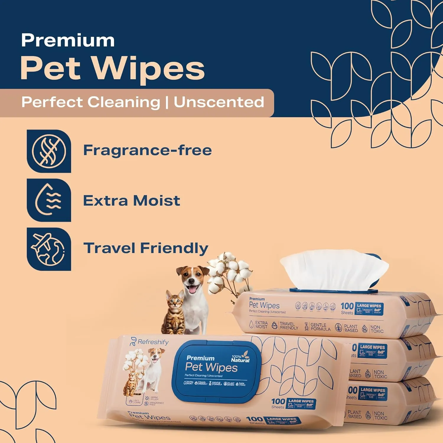 Pet Wipes for Dogs and Cats Plant Based  Unscented (Pack of 400) Dog Wipes for Paws and Butt - Deodorizing Non Toxic Dog Wipes,  12 Additional Travel Wipes