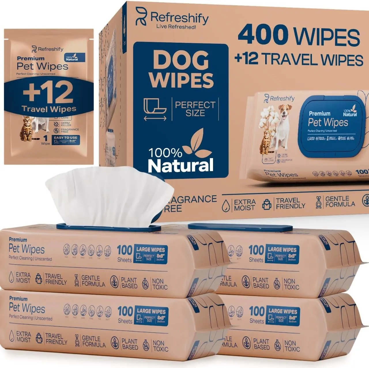 Pet Wipes for Dogs and Cats Plant Based  Unscented (Pack of 400) Dog Wipes for Paws and Butt - Deodorizing Non Toxic Dog Wipes,  12 Additional Travel Wipes