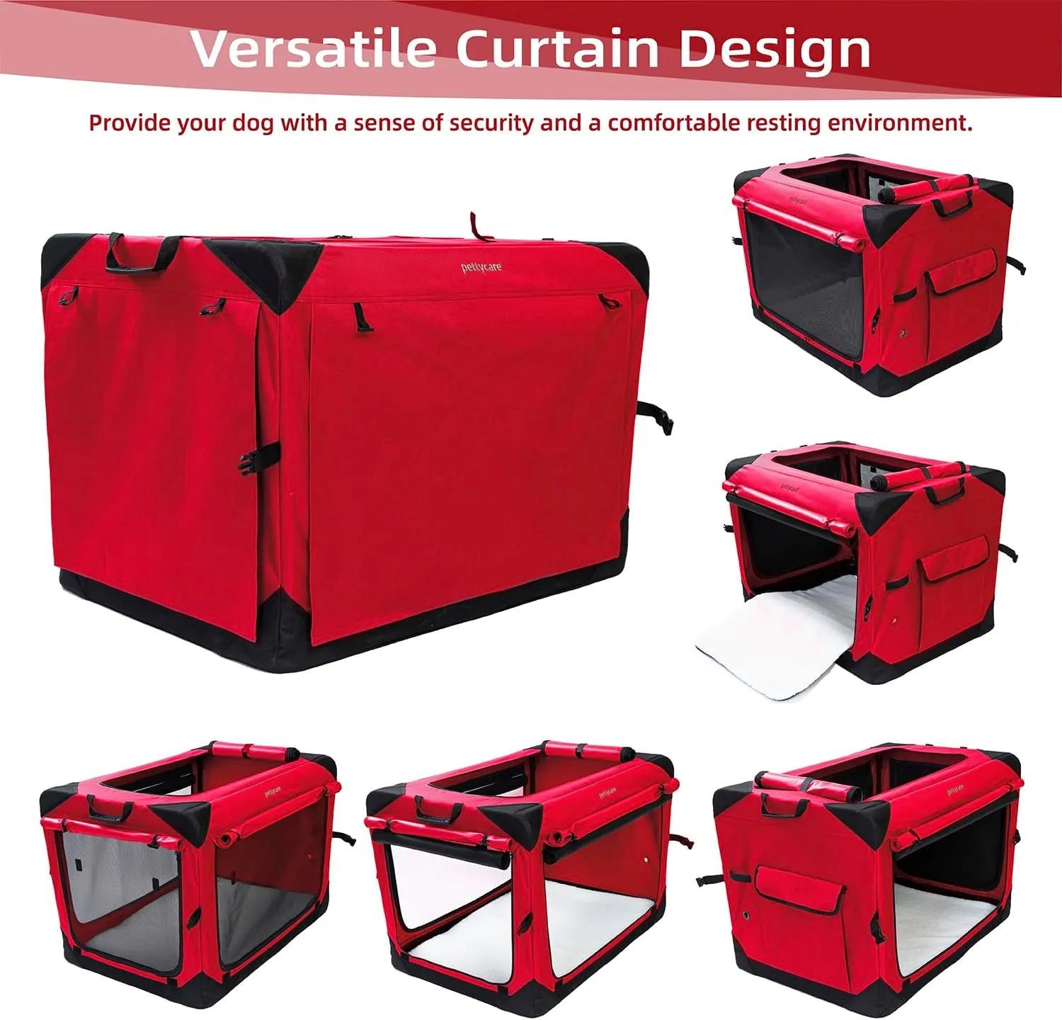 Pettycare 26 Inch Collapsible Dog Crate with Curtains Travel Dog Crate for Airflow and Calm Soft Pet Kennel with Portable Bag and More Chew Proof Mesh Indoor & Outdoor Red 4 Door Curtains