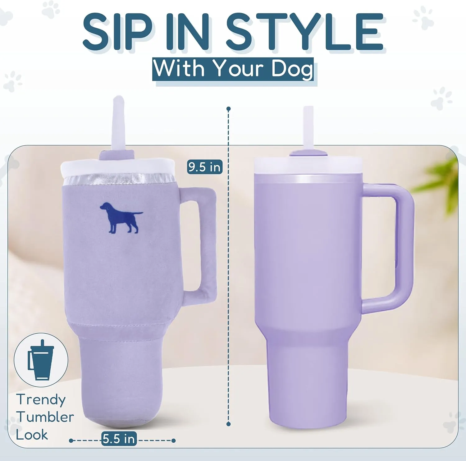 Pup Cup Tumbler Dog Toy  Funny Plush Gift for Girl Dogs or Puppies, Cute Squeaky Aesthetic Birthday Present (Lavender Purple)