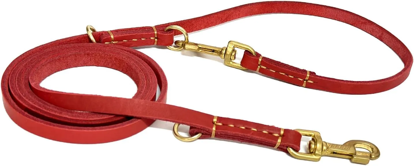 Soft Multi-Function 6 in 1 Leather Training Walking Leash, Hands Free, Dual, Crossbody for Medium and Large Dogs (8 Foot*5/8", Red)
