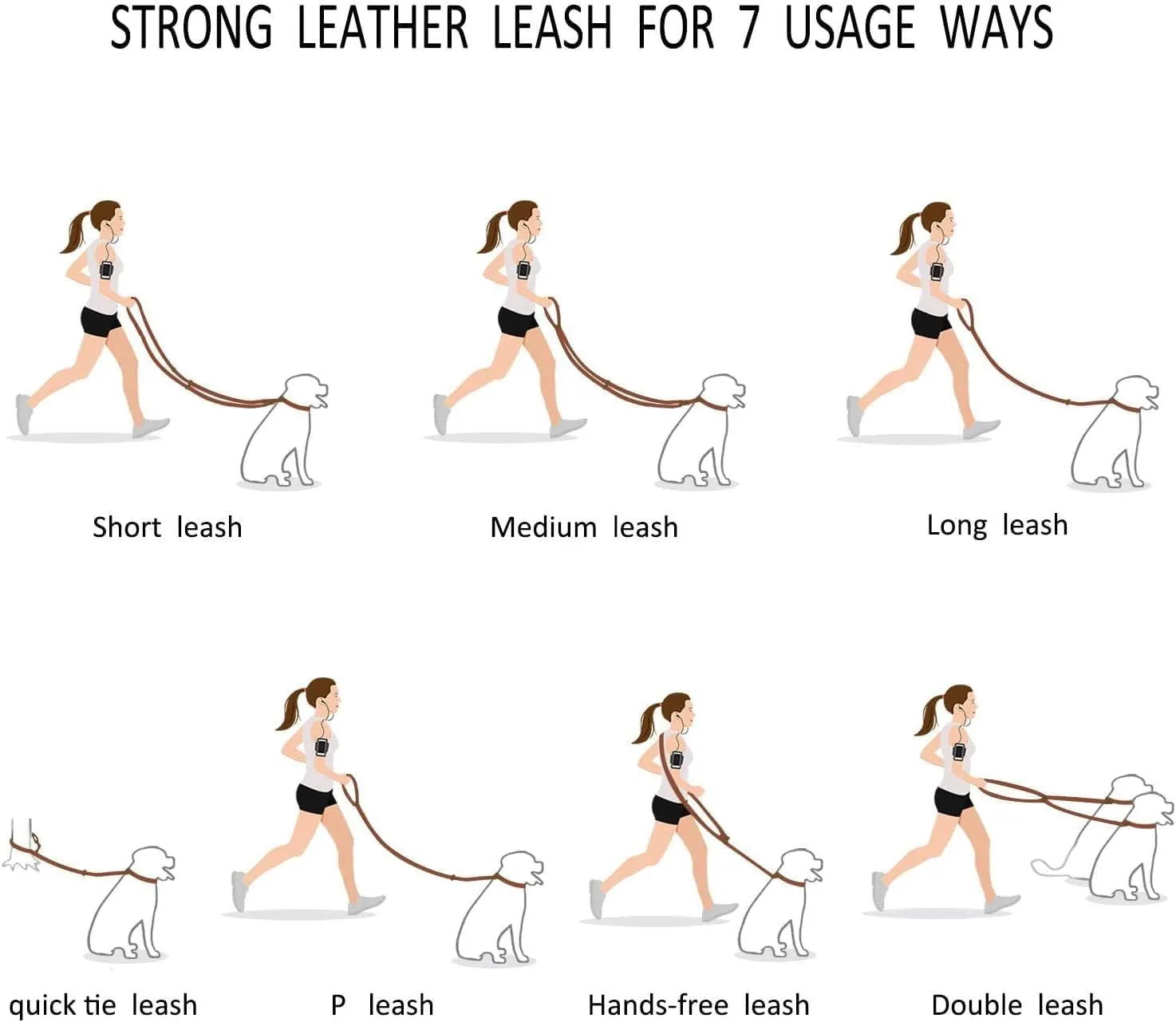Soft Multi-Function 6 in 1 Leather Training Walking Leash, Hands Free, Dual, Crossbody for Medium and Large Dogs (8 Foot*5/8", Red)