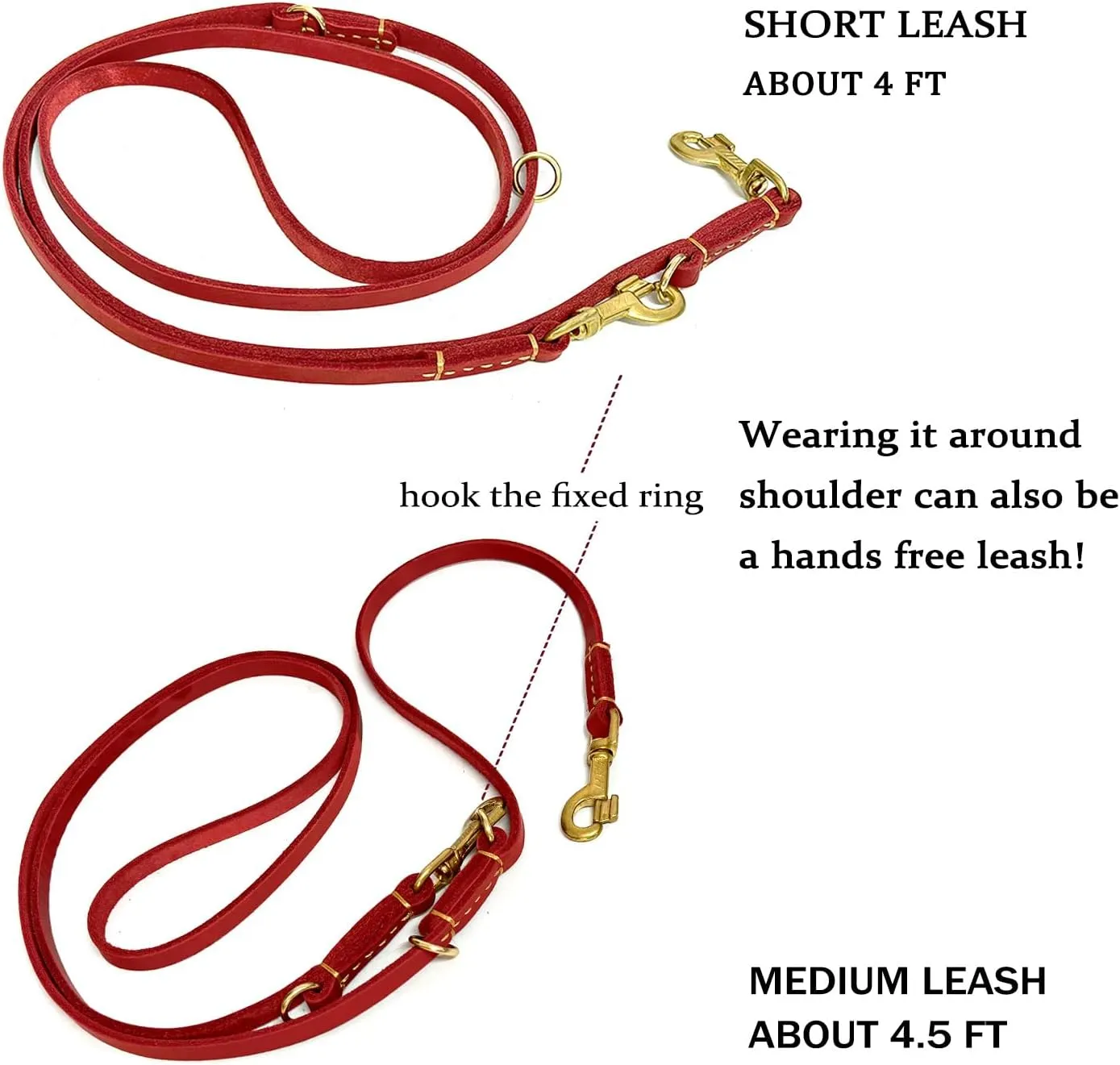 Soft Multi-Function 6 in 1 Leather Training Walking Leash, Hands Free, Dual, Crossbody for Medium and Large Dogs (8 Foot*5/8", Red)