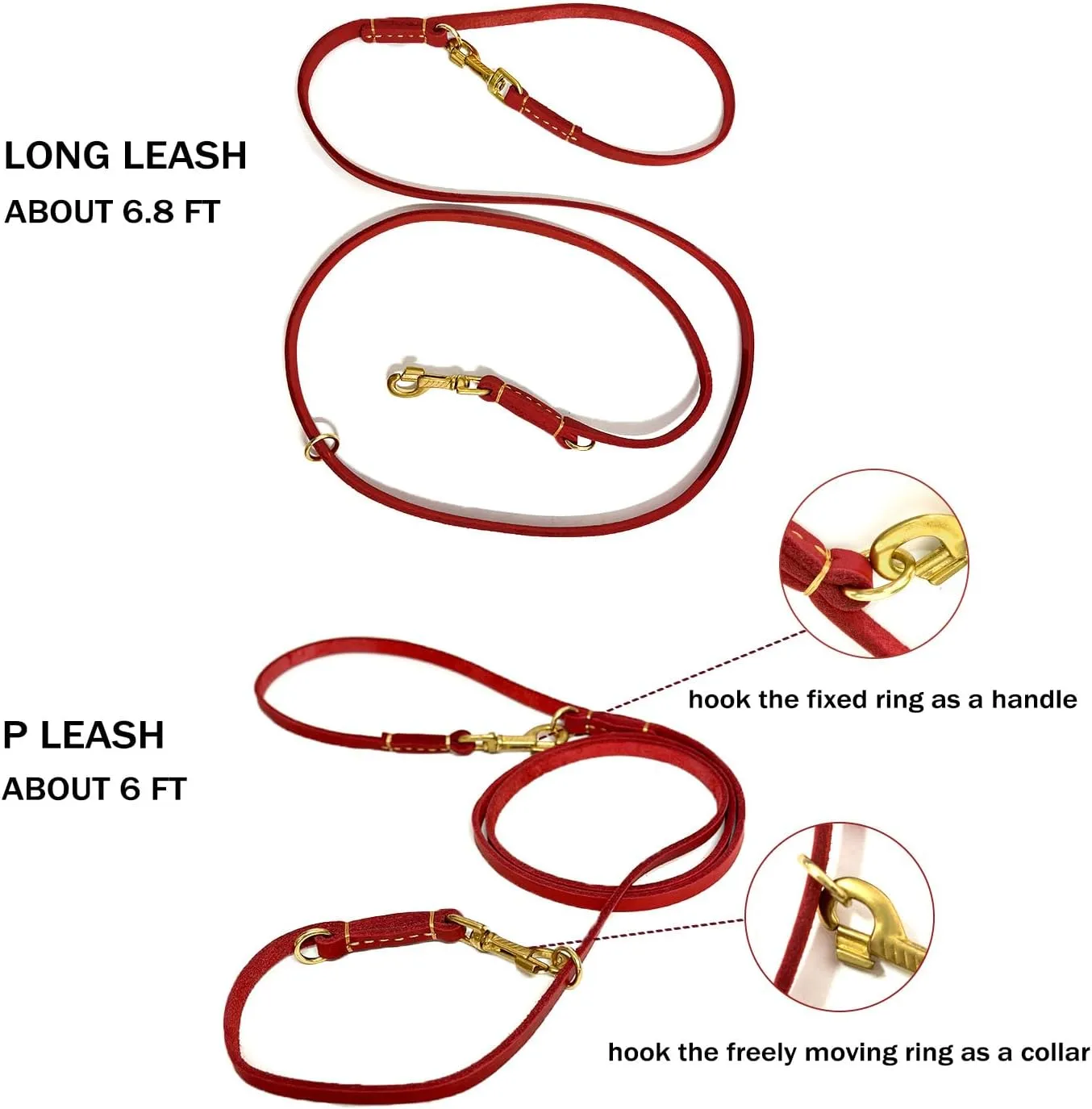 Soft Multi-Function 6 in 1 Leather Training Walking Leash, Hands Free, Dual, Crossbody for Medium and Large Dogs (8 Foot*5/8", Red)