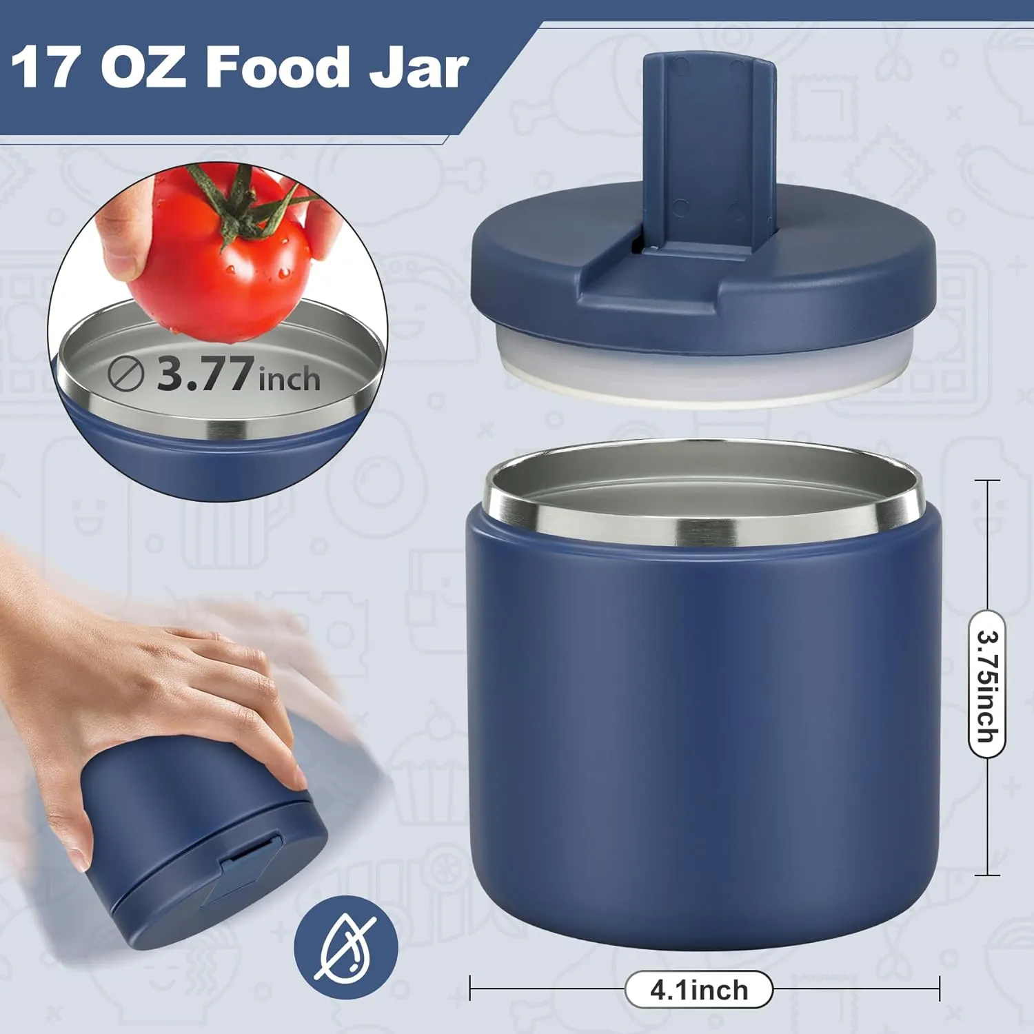 Soup Thermo for Hot Food Insulated Vacuum Food Jar with Buckle Lid, Stainless Steel Wide Mouth Leak Proof Lunch Container for School Travel Blue