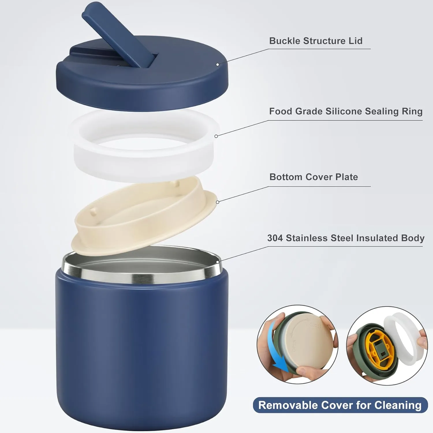 Soup Thermo for Hot Food Insulated Vacuum Food Jar with Buckle Lid, Stainless Steel Wide Mouth Leak Proof Lunch Container for School Travel Blue