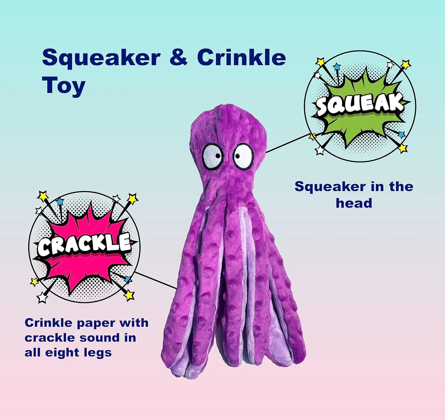 Squeaky Dog Toys for Small, Medium and Large Breeds - Durable and Soft Crinkle Plush Puppy Toys for Boredom (Purple Octopus 1PC)