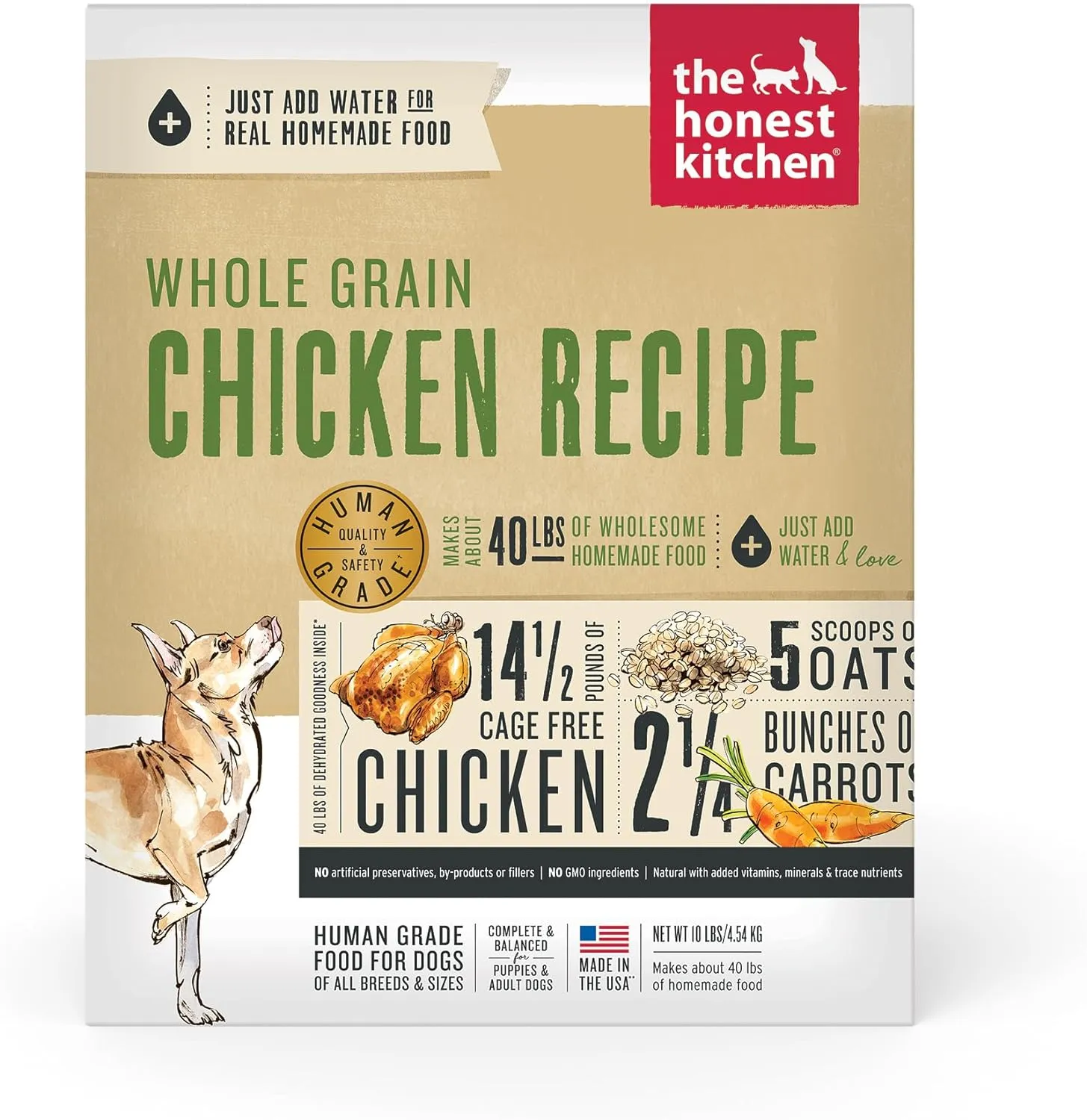 The Honest Kitchen Human Grade Dehydrated Whole Grain Dog Food  Complete Meal or Topper  Chicken 10 lb (makes 40 lbs)