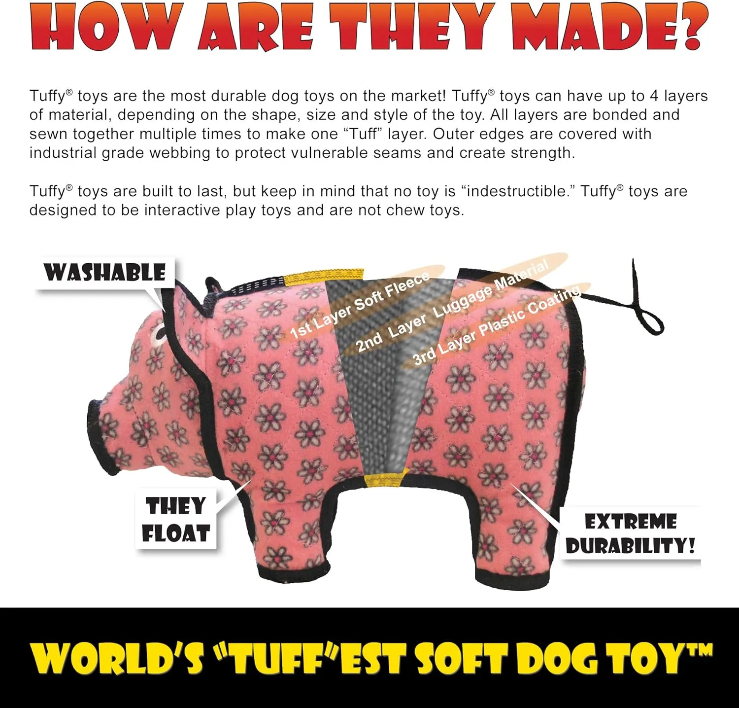 TUFFY - World's Tuffest Soft Dog Toy - Barnyard Duck - Squeakers - Multiple Layers. Made Durable, Strong & Tough. Interactive Play (Tug, Toss & Fetch). Machine Washable & Floats. (Regular 2 Pack)