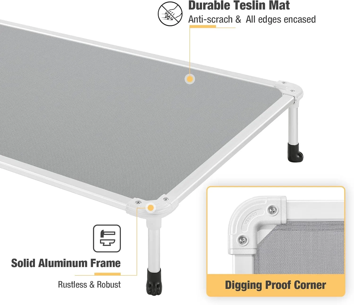 Veehoo Chew Proof Elevated Dog Bed - Cooling Raised Pet Cot - Silver Aluminum Frame and Durable Textilene Mesh Fabric, Unique Designed No-Slip Feet for Indoor or Outdoor Use, Grey, Medium, CWC2003