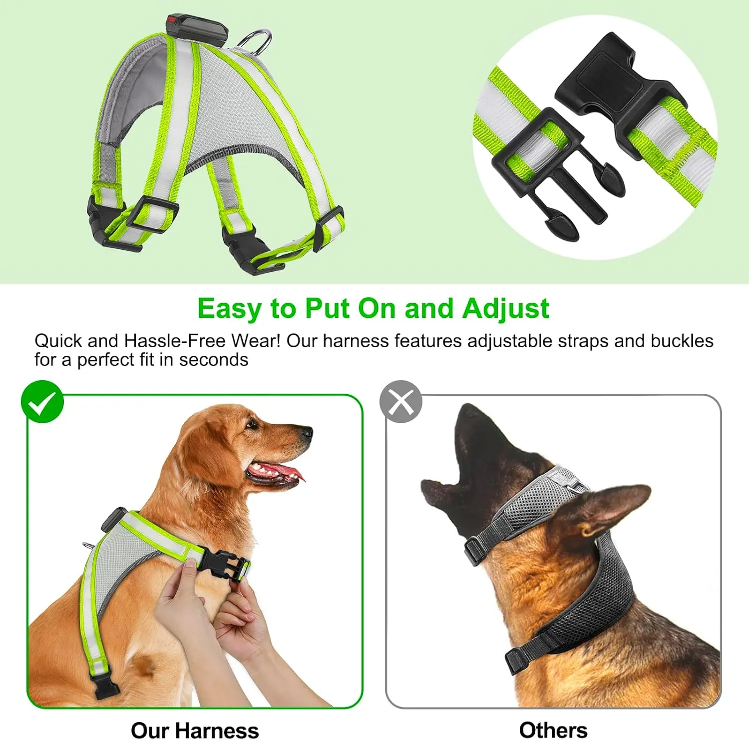 Visinite LED Dog Harness - USB Rechargeable Light Up Vest, 2 Illuminate Modes, Glow in The Dark, Adjustable for Night Walking Safety