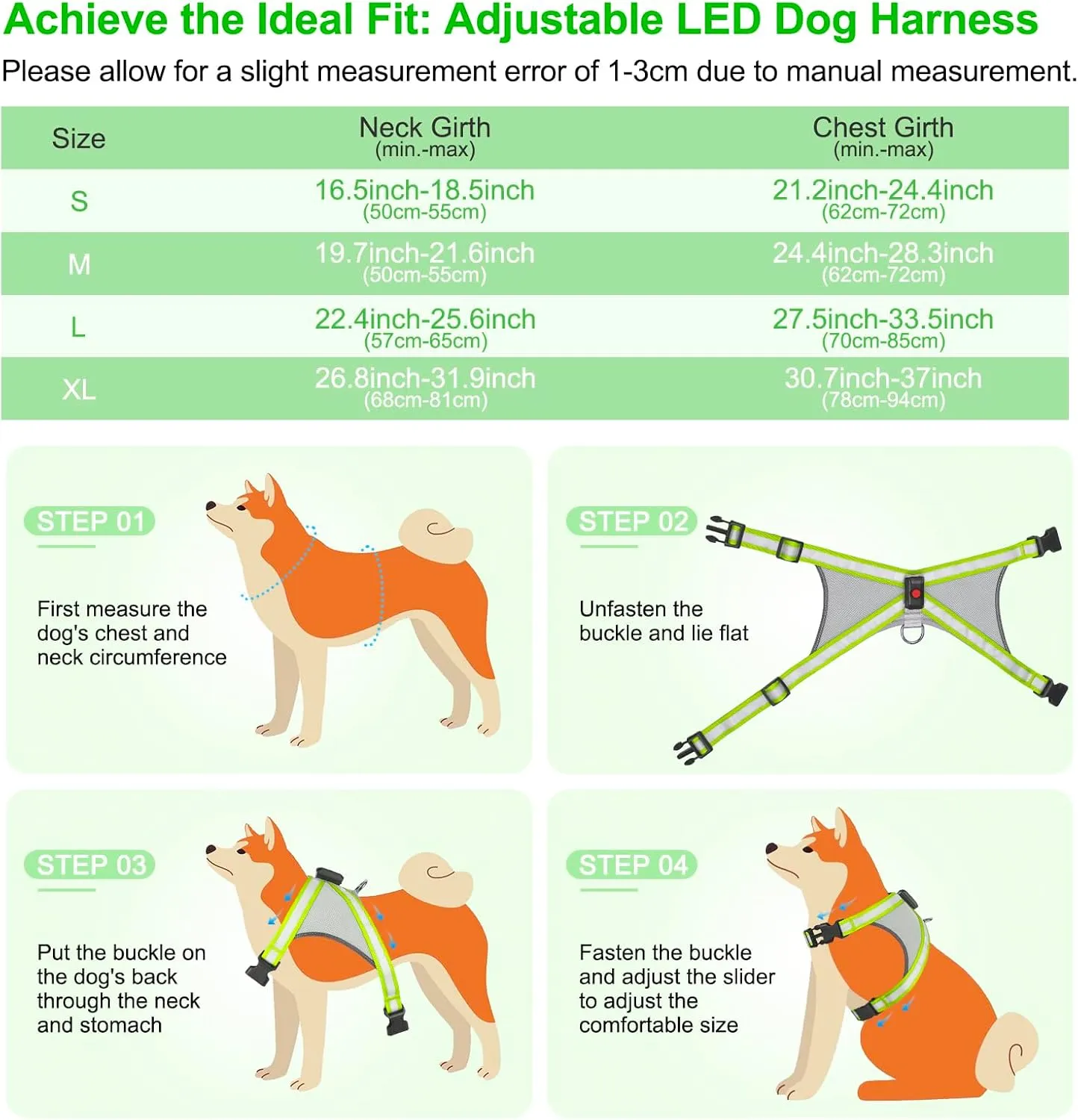 Visinite LED Dog Harness - USB Rechargeable Light Up Vest, 2 Illuminate Modes, Glow in The Dark, Adjustable for Night Walking Safety