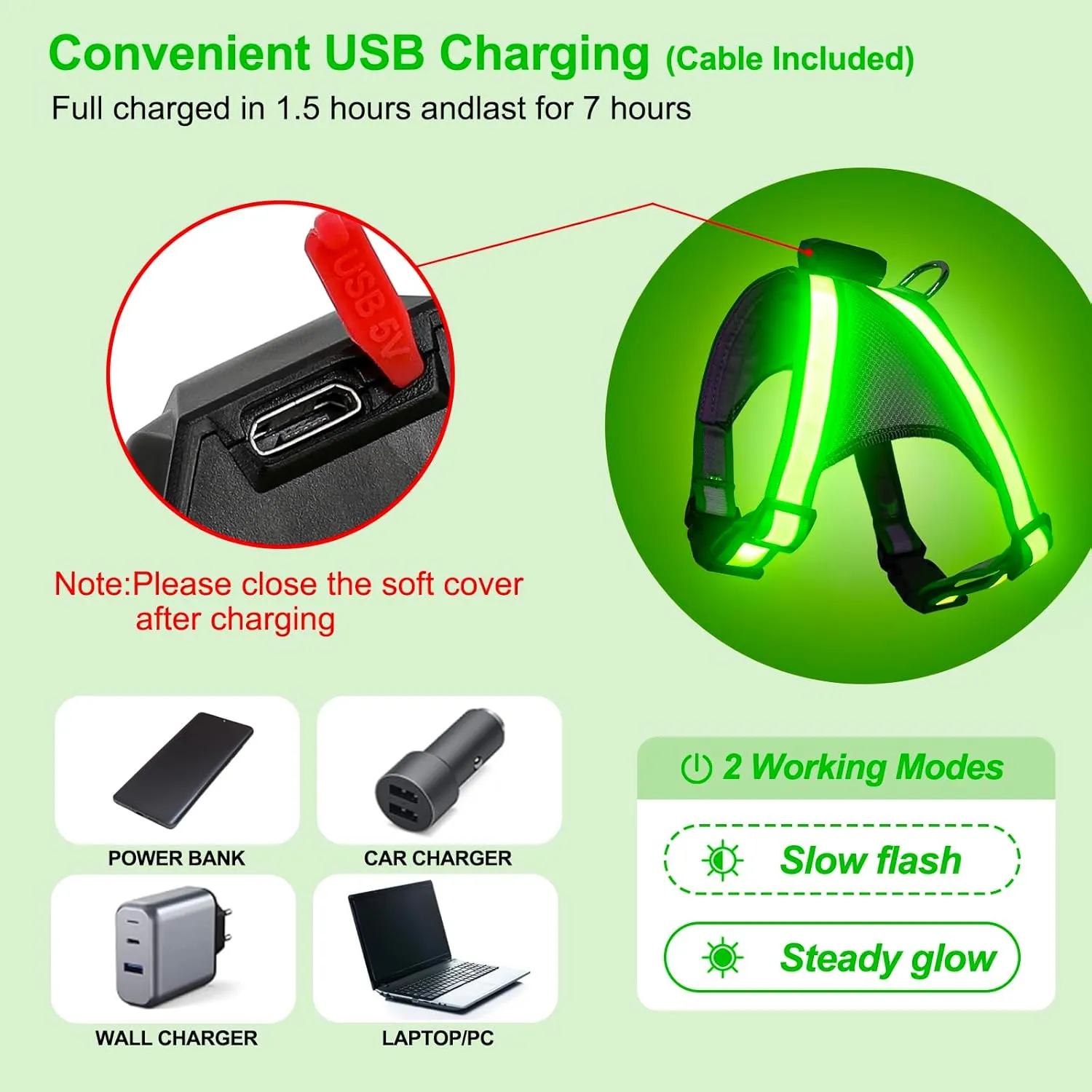 Visinite LED Dog Harness - USB Rechargeable Light Up Vest, 2 Illuminate Modes, Glow in The Dark, Adjustable for Night Walking Safety